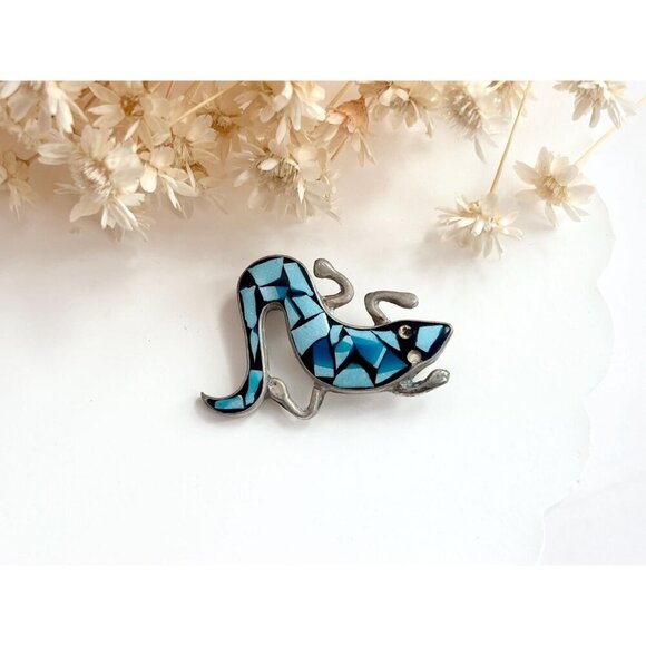 Mosaic Turquoise Lizard Mexican Made TR-19 Vintage Sterling Silver Brooch Pin - Picture 6 of 10